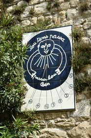 France, Alpes-Maritimes, Coaraze, labelled Les Plus Beaux Villages de France (The Most Beautiful Villages of France), sundial (Lou tems passa, passa lou ben !) by the artist Ben