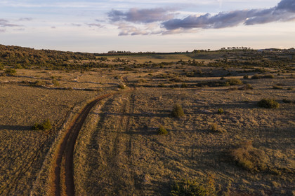 France, Aveyron, Causses and the Cévennes, cultural landscape of Mediterranean agro-pastoralism, listed as World Heritage by UNESCO, La Cavalerie, the Larzac plateau (aerial view)