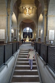 France, Haute Loire, Le Puy en Velay, Routes of Santiago de Compostela, the 12th century Our Lady (Notre-Dame-de-l'Annunciation) cathedral listed as World heritage by UNESCO, external staircase leading to the choir and the statue of Mary carrying her child nicknamed The black virgin (17th century)