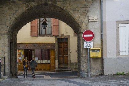 France, Aveyron (12), Millau, la fontaine aux Lions place du Marechal Foch, passage couvert vers la rue Saint-Antoine