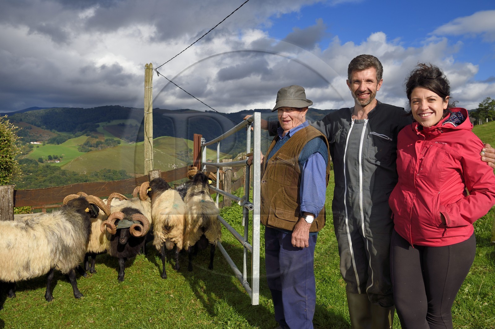 France, Pyrénées-Atlantiques (64), Pays-Basque, vallée des Aldudes, Urepel, Philippe Casiriain, éleveur de brebis manech tête noire, avec son père et sa fille