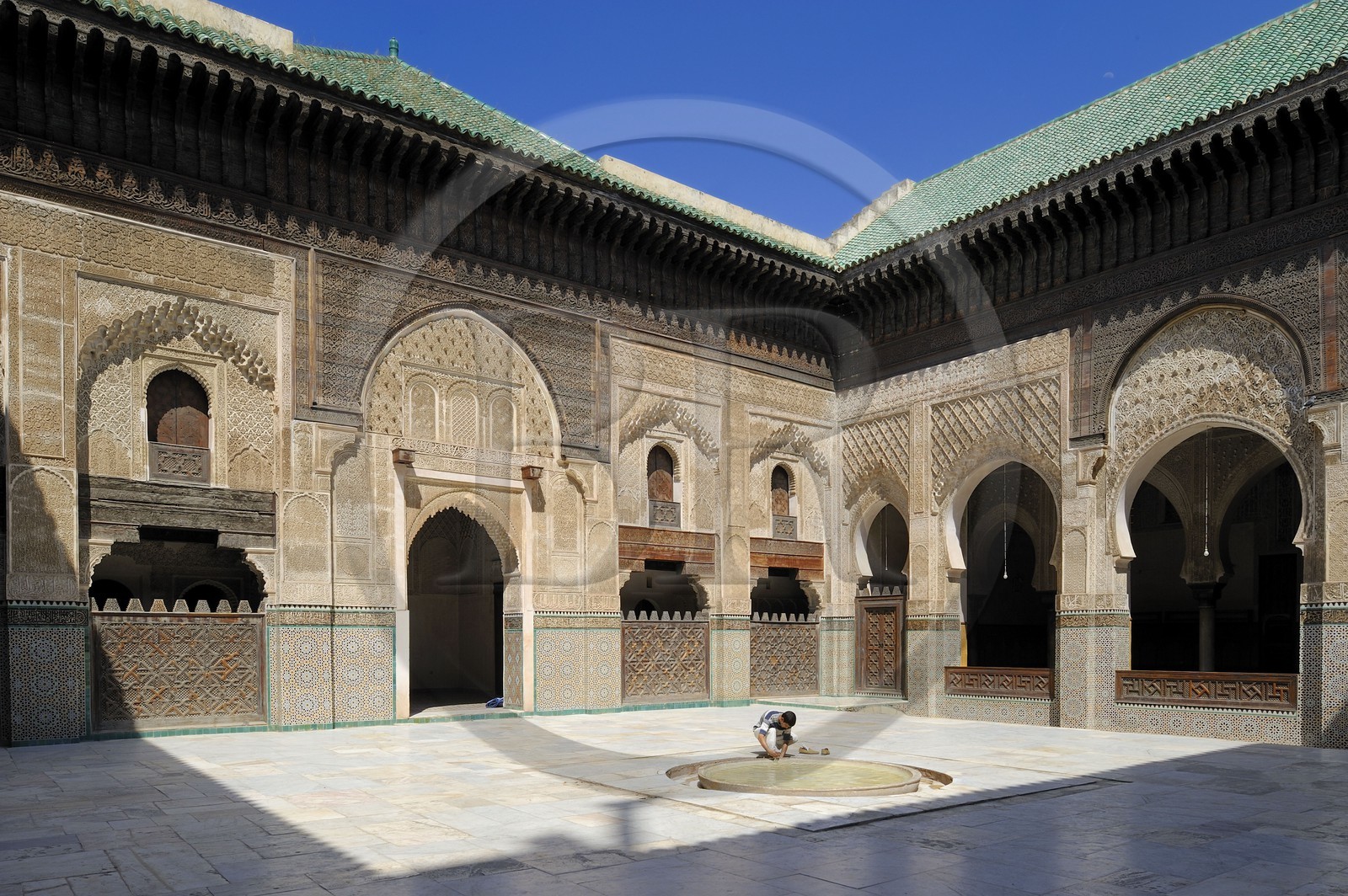 Morocco, Middle Atlas, Fez, Imperial City, Fez El Bali, medina listed as World Heritage by UNESCO, Bouananiya (or Bou Inania) Merdersa, decoration of the courtyard with marble and onyx flagstones and fine-cut facades and zelliges