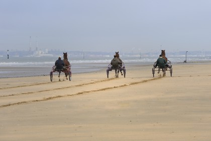 France, Calvados (14), Pays d'Auge, Deauville, attelages de course de trot sur la plage à marée basse