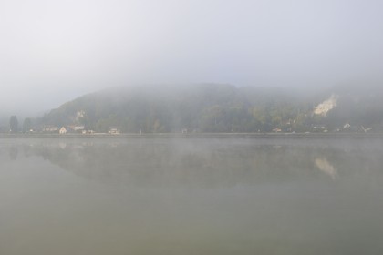 France, Seine-Maritime, Le Bas Mauny located in the Eure department in the mist downstream the village of La Bouille on the left bank of the Seine