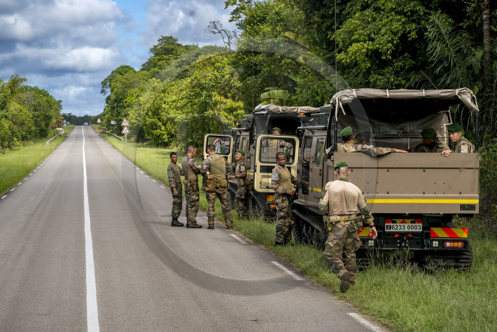 France, French Guiana, Kourou, Guiana Space Centre (Centre spatial guyanais, CSG) also called Europe's Spaceport, Legionnaires from the 3rd Foreign Infantry Regiment (3rd REI) on patrol on the Route de l'Espace in HT270 tracked articulated vehicles (VAC)