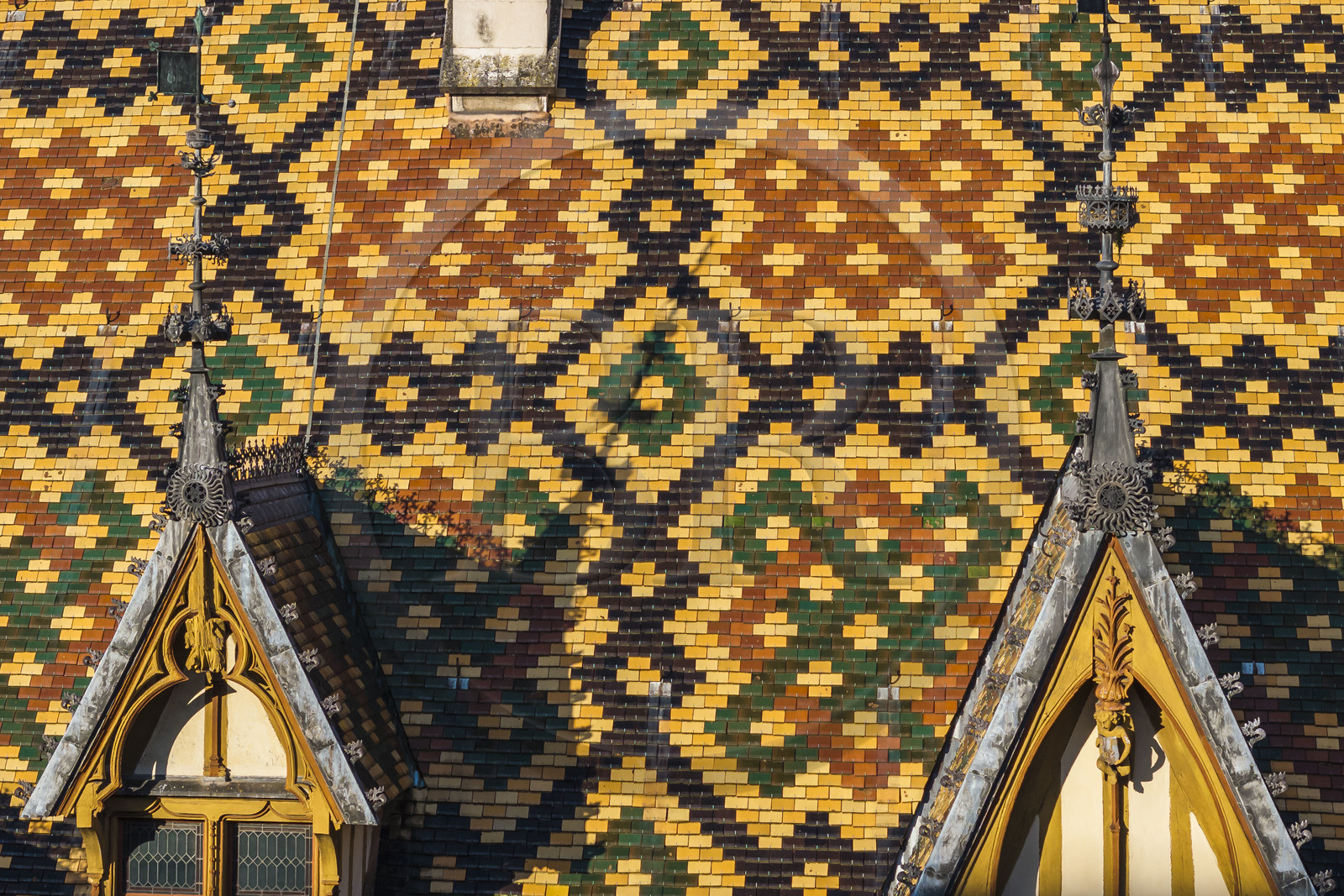 France, Côte-d'Or (21), Beaune, zone classée Patrimoine Mondial de l'UNESCO, Hospices de Beaune, l'Hôtel-Dieu, les toits couverts de tuiles vernissées et colorées (vue aérienne)