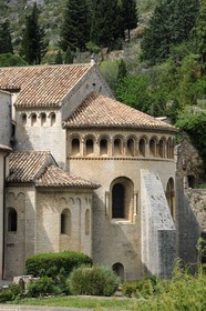 France, Herault, Medieval town of Saint-Guilhem-le-Desert, a stop on el Camino de Santiago, pilgrimage route to Compostela, labelled Les Plus Beaux Villages de France (The Most Beautiful Villages of France), abbey of Gellone from the 11th century listed as World Heritage by UNESCO, triple apse of the church