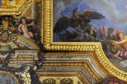 France, Yvelines, Chateau de Versailles, listed as World Heritage by UNESCO, Galerie des Glaces (Hall of Mirrors), architect Jules Hardouin Mansart (1678-1684), detail of the ceiling