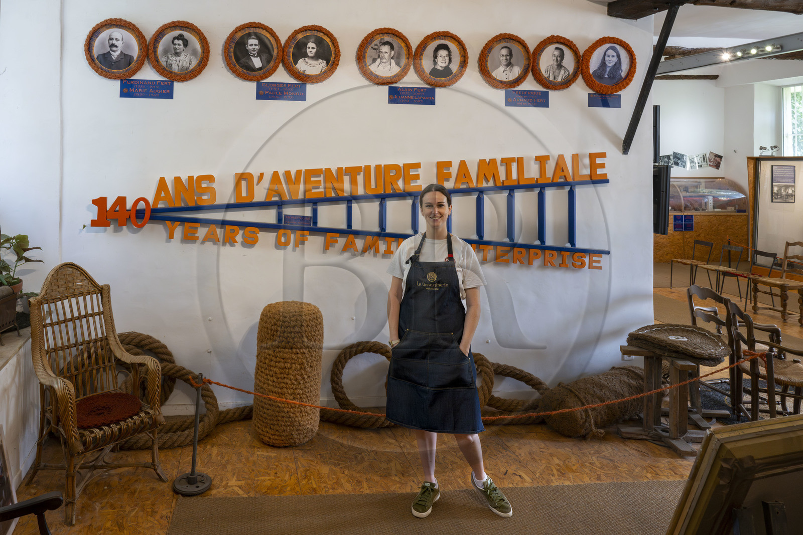France, Drome, Drome provencale, Nyons, La Scourtinerie, the last scourtin factory in Provence, traditional filters used in the production of olive oil but also designed today as decorative objects made of coconut fiber, Sophie Villeneuve-Fert, member of the fifth generation, at the head of the family business with her mother and uncle