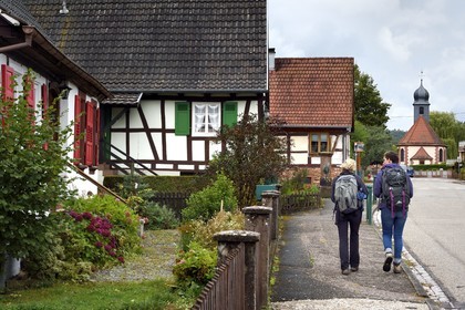 France, Bas Rhin, Northern Vosges Regional Natural Park, Obersteinbach, traditional half-timbered house in the main street