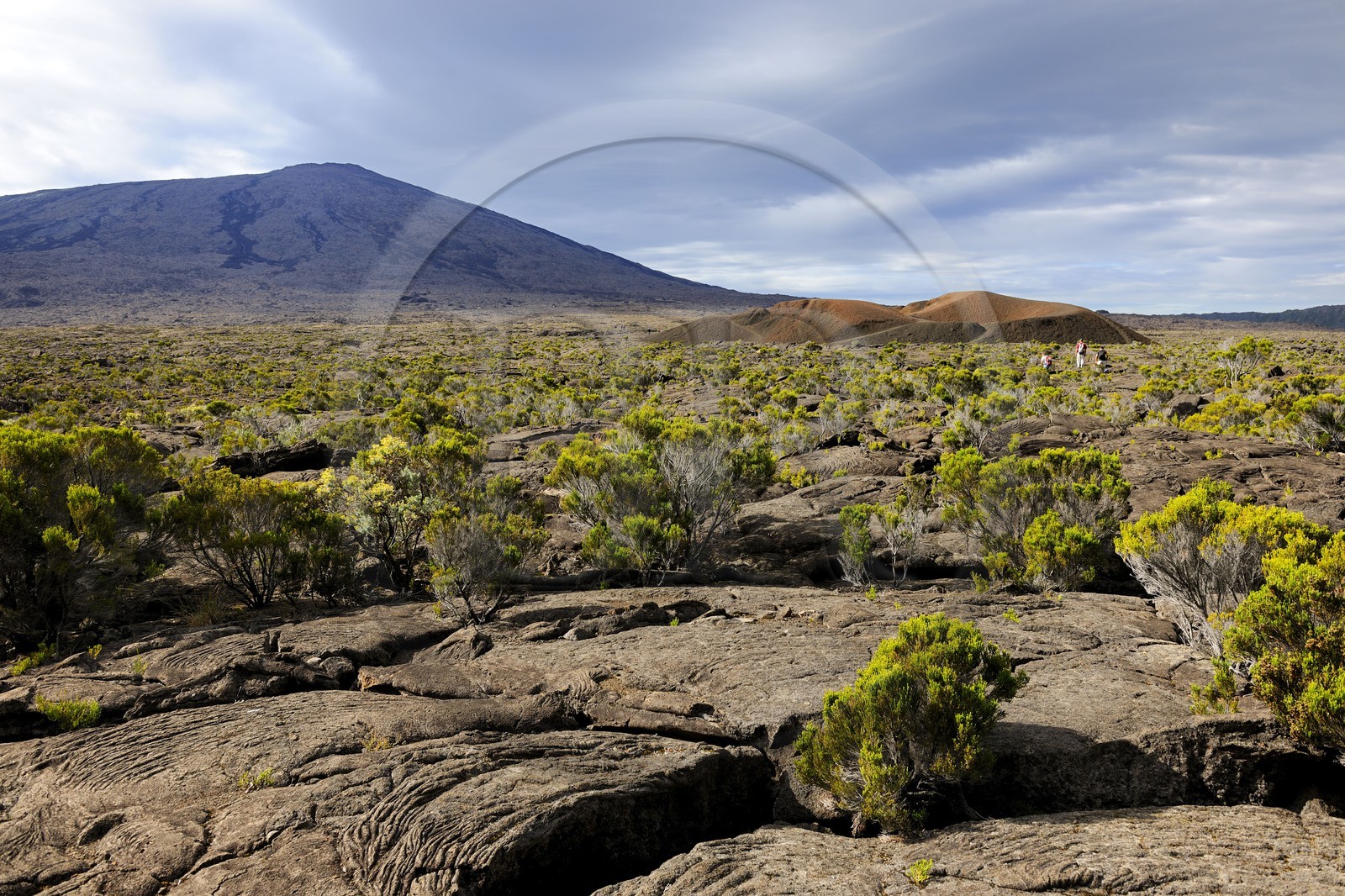 France, île de la Réunion, volcan du Piton de la Fournaise, classé Patrimoine Mondial de l'UNESCO, le cratère Formica Léo au premier plan et le cratère Dolomieu dans l'Enclos