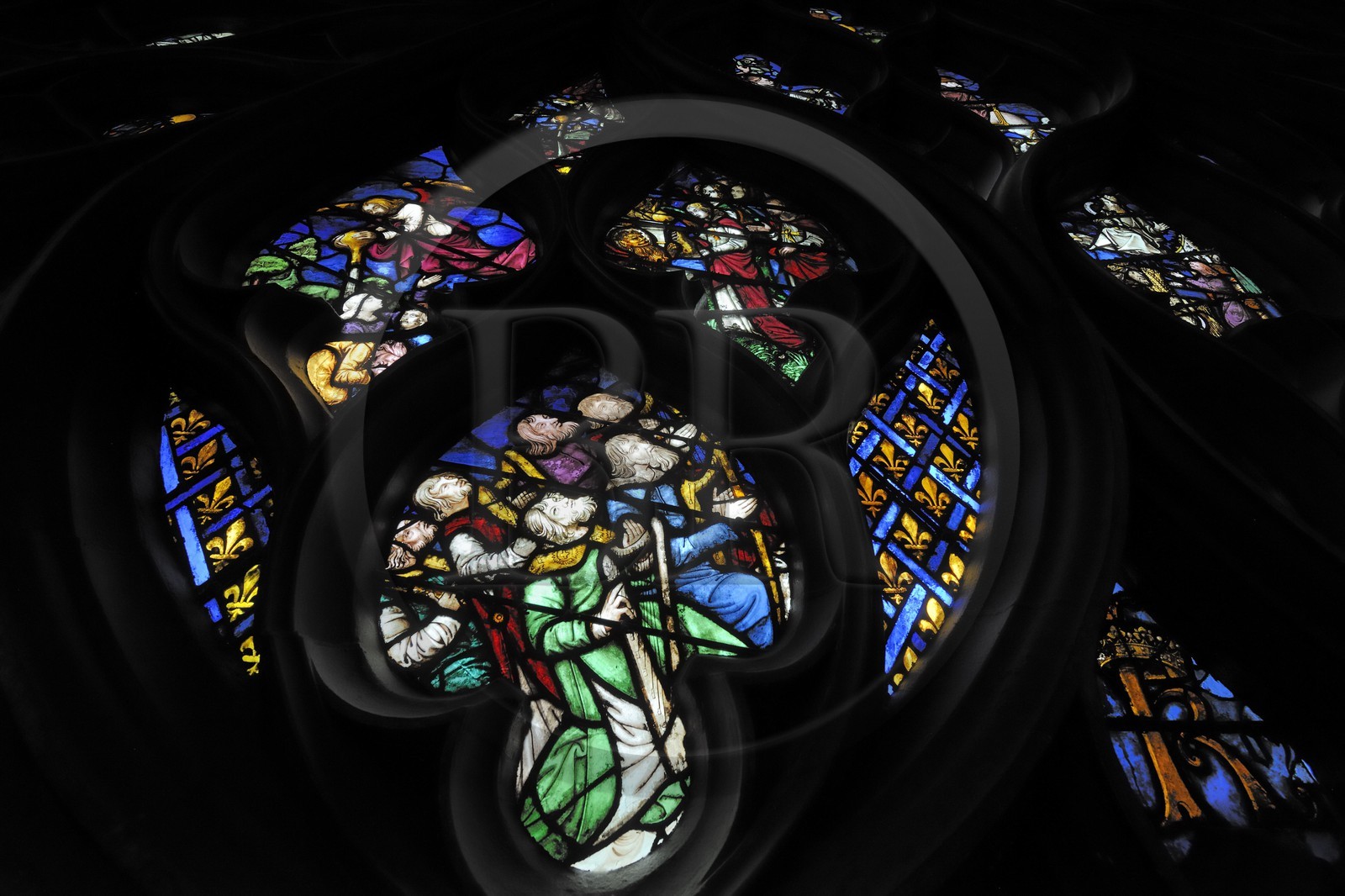 France, Paris, ile de la Cité, the Sainte Chapelle (the Holy Chapel), the Upper Chapel, detail of a stained-glass from the Rose