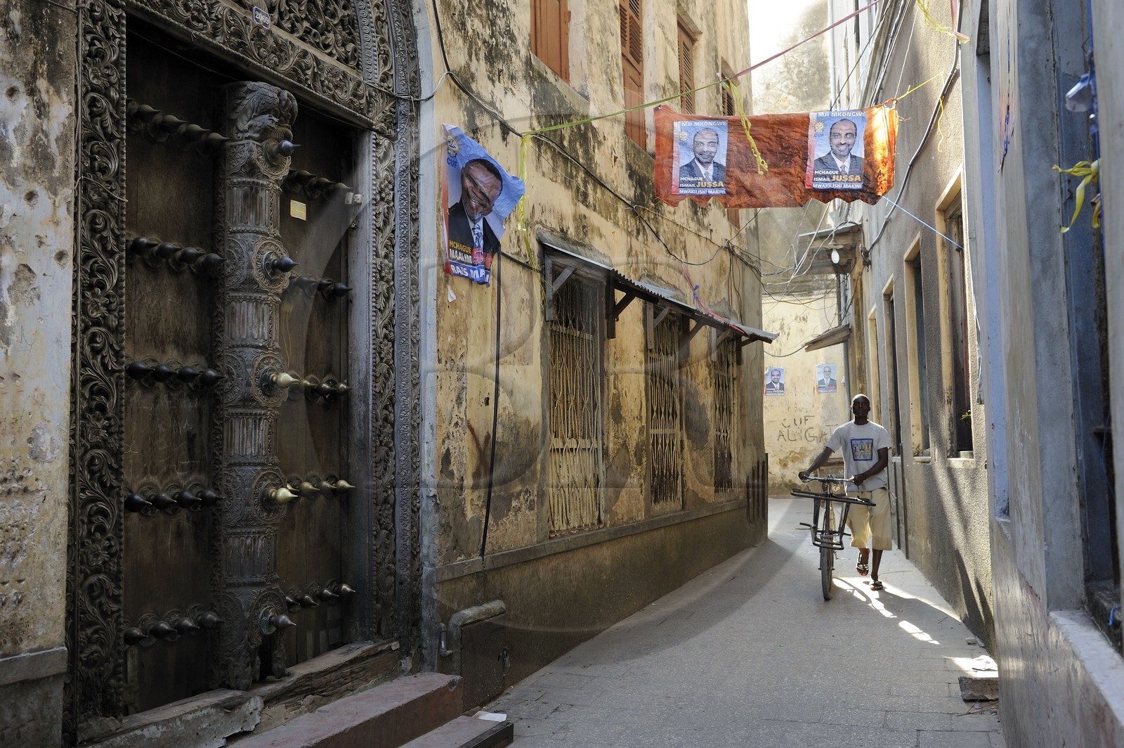 Tanzanie, archipel de Zanzibar, île de Unguja (Zanzibar), ville de Zanzibar, quartier Stone Town, classé Patrimoine Mondial de l' UNESCO, une porte de type indienne de la vieille ville dans le quartier de Shangani