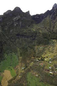 France, Reunion island (French overseas department), cirque of Mafate, listed as World Heritage by UNESCO, small isolated village (Ilet) of Marla accessible only on foot or by helicopter (aerial view)