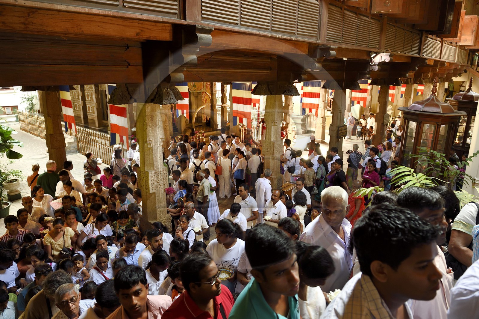 Sri Lanka, province du centre, Kandy, ville sacrée classée patrimoine mondial de l'UNESCO, Temple de la Dent de Bouddha (Sri Dalada Maligawa), la foule des pélerins vient appercevoir le dogoba qui contient la relique de la dent