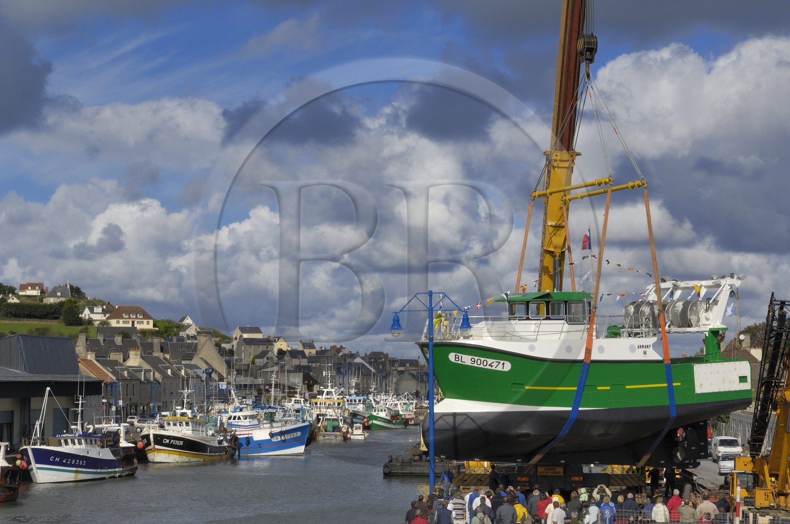France, Calvados, Port en Bessin, the shipyard, launching of the Armany trawler