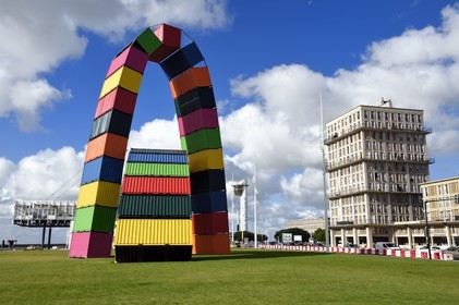 France, Seine Maritime, Le Havre, Downtown rebuilt by Auguste Perret listed as World Heritage by UNESCO,  Southampton wharf, Catène de containers by Vincent Ganivet (© ADAGP)