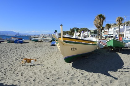 Spain, Andalusia, Malaga, fishing district of Pedregalejo, fishing boats on the beach
