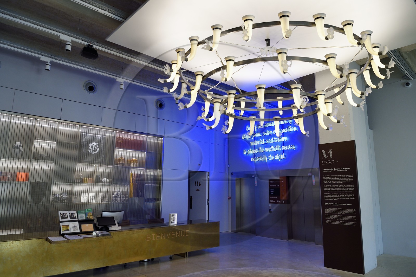 France, Charente (16), Cognac, Fondation d’Entreprise Martell, institution culturelle pluridisciplinaire (art, design et craft, architecture, musique, danse…), lustre Shine a Light de l'artiste Nathalie Talec dans le hall d'accueil