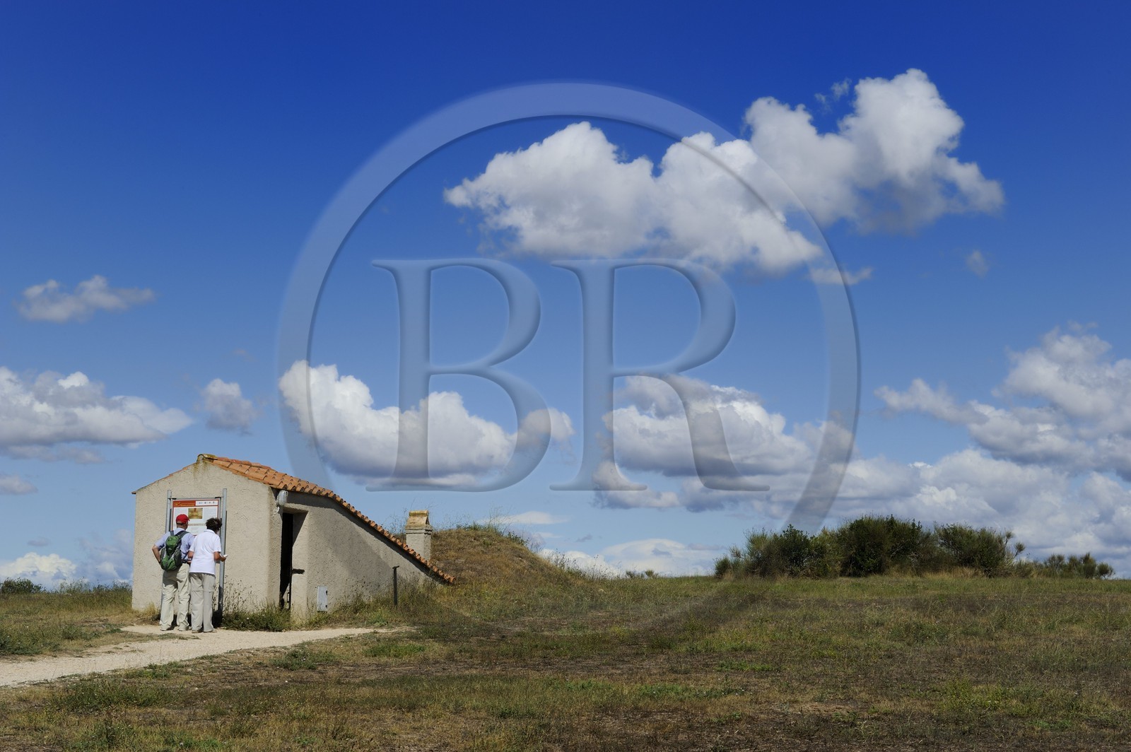 Italie, Latium, province de Viterbe, Tarquinia, nécropole antique étrusque de Monterozzi (Necropoli dei Monterozzi) classée Patrimoine Mondial de l'UNESCO, entrée d'une tombe par la cabane de surface et son panneau explicatif