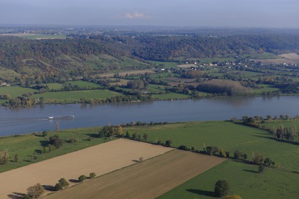 France, Seine-Maritime, barge going up the Seine at the heights of Saint-Martin-de-Boscherville (aerial view)