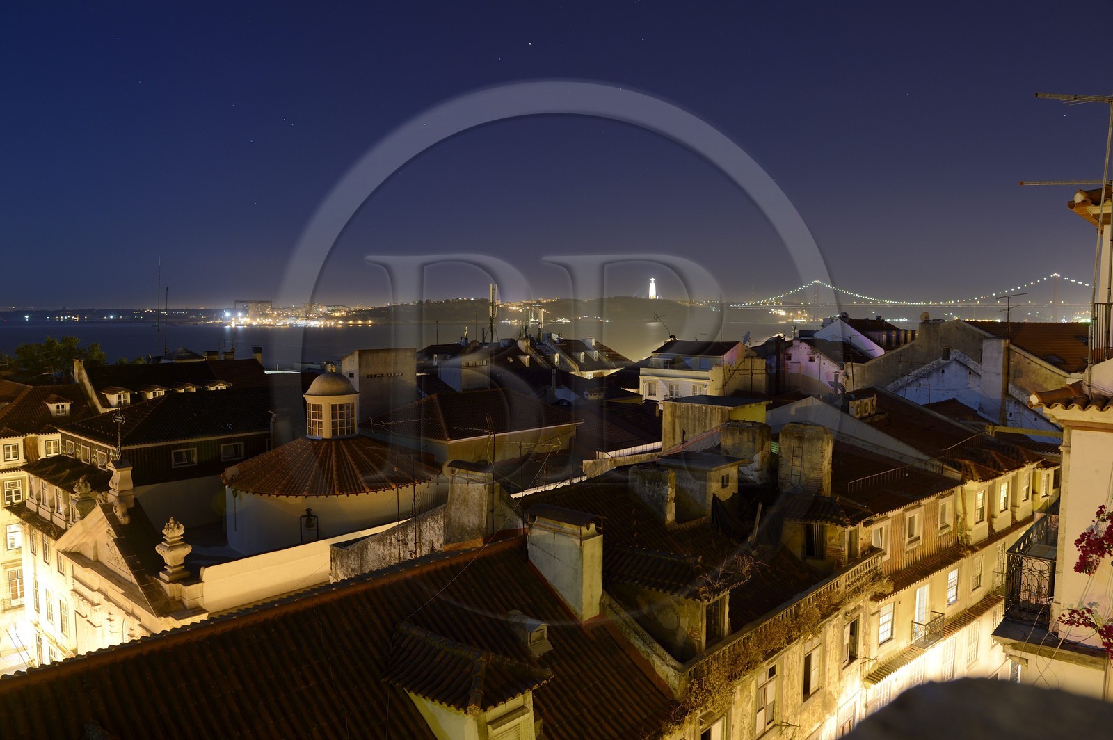 Portugal, Lisbon, Chiado district, view on the south bank of the Tagus river and the 25 de Abril bridge