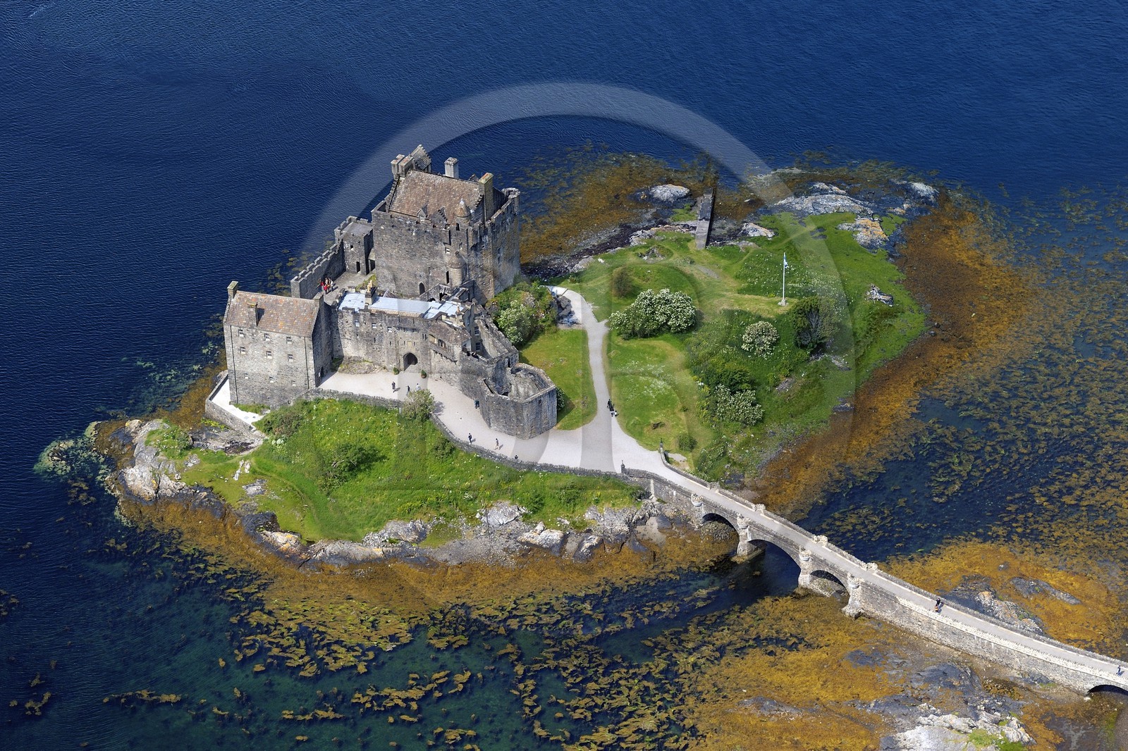 United Kingdom, Scotland, Highland, Dornie, Eilean Donan castle on the Loch Duich (aerial view)