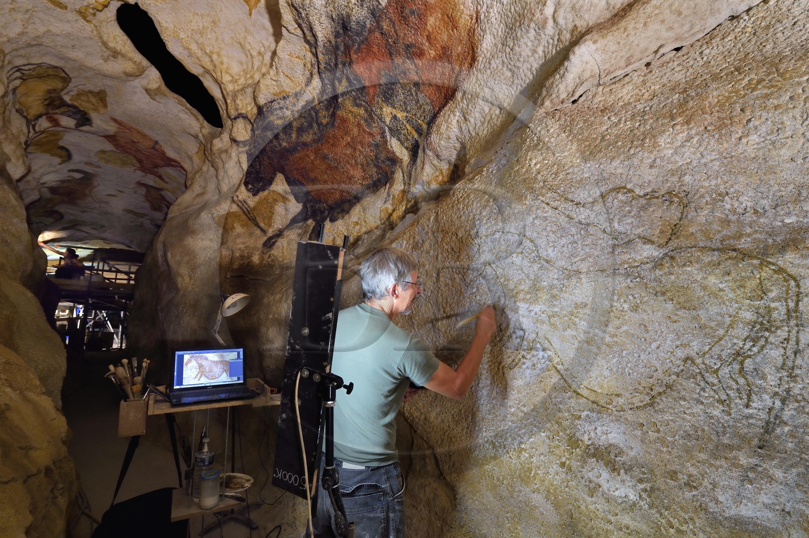 France, Dordogne, Montignac, Montignac-Lascaux Parietal Art international Centre (Lascaux 4) building site, the axial diverticulum of the reconstituted cave by the Atelier des Fac-Similés du Périgord (Perigord's Facsimile Workshop AFSP), finishing of the lower part murals by the painter Gilles Lafleur