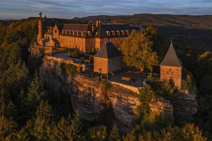 France, Bas Rhin, Mont Saint Odile, Mont Sainte-Odile Abbey also known as Hohenburg Abbey, statue of Saint Odile placed on the roof of the convent and facing the plain of Alsace (aerial view)