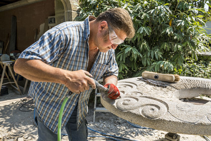 France, Morbihan, Locoal-Mendon, the sculptor and stonemason Gueho Patrick