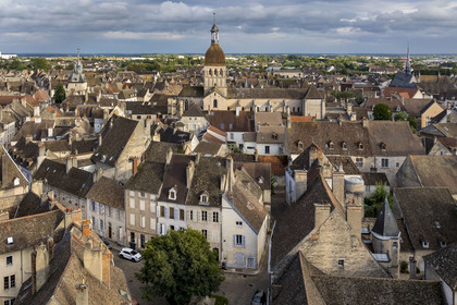 France, Cote d'Or, Climats terroirs of Burgundy listed as World Heritage by UNESCO, Beaune, the collegiate basilica of Notre-Dame de Beaune in the heart of the old town (aerial view)