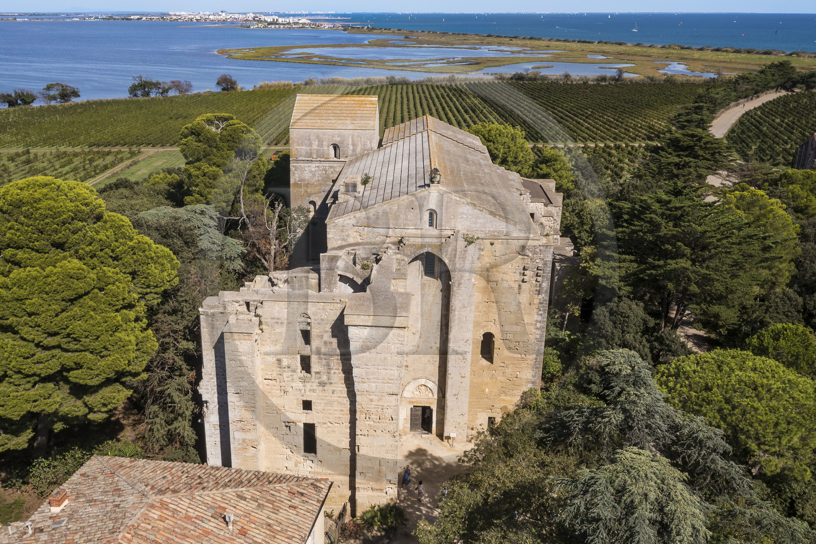 France, Herault, Villeneuve les Maguelone (Palavas Les Flots), Saint-Pierre-et-Saint-Paul de Maguelone cathedral from the 12th and 13th centuries surrounded by vineyards on its island, the Prévost pond and Palavas Les Flots in the background (aerial view)