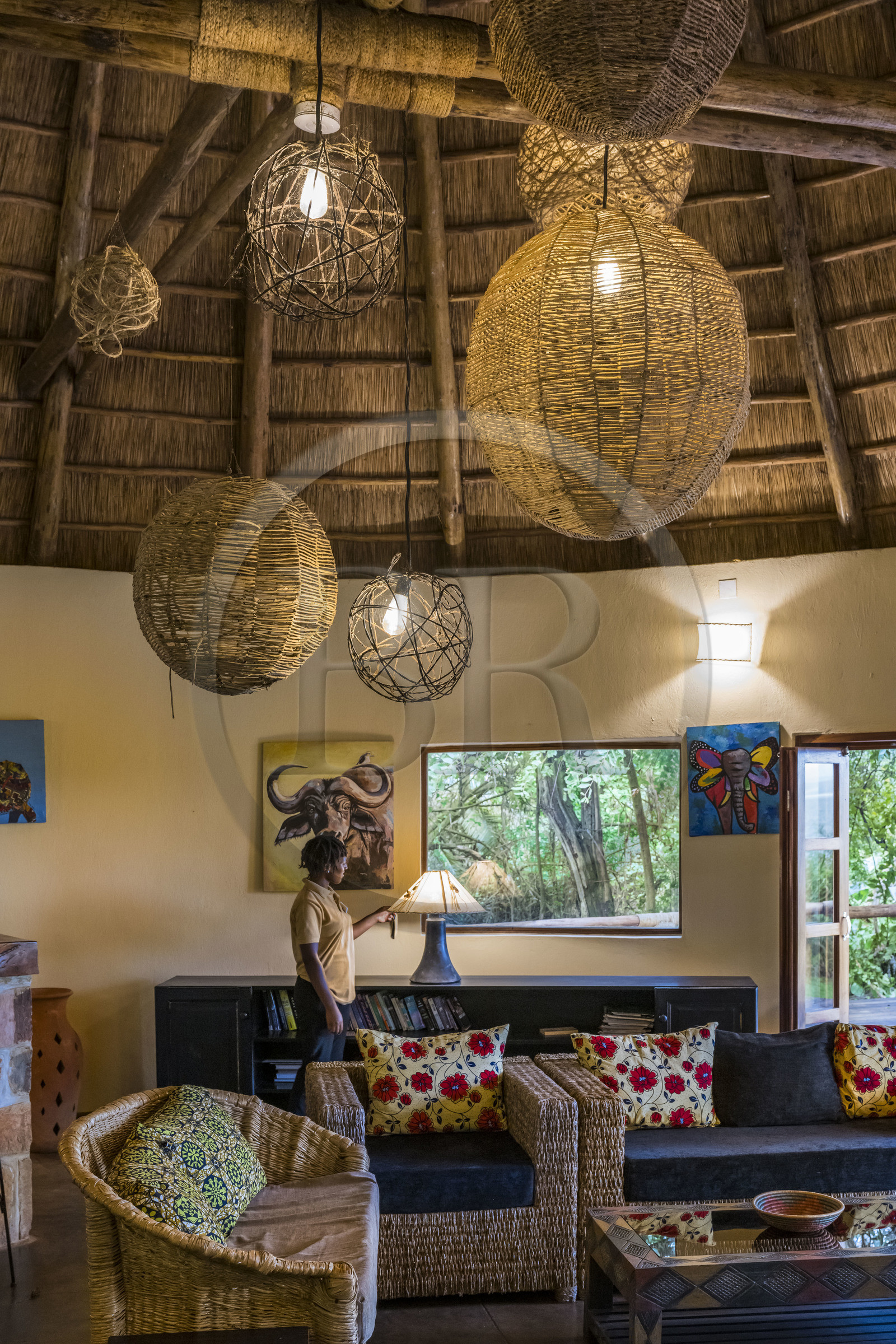 Rwanda, Akagera National Park, Ruzizi Tented Lodge, the living room in the main building