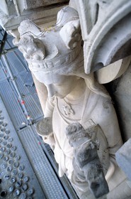 France, Paris (75), la cathédrale Notre-Dame, installation de système électrique anti-pigeons sur les statues (société Sertep)