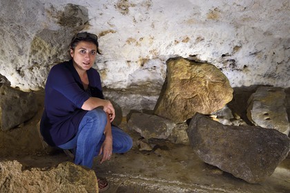 France, Dordogne, Vezere Valley, Sergeac, Prehistoric site of Castel Merle, the owner Isabelle Castanet in the  Reverdit shelter