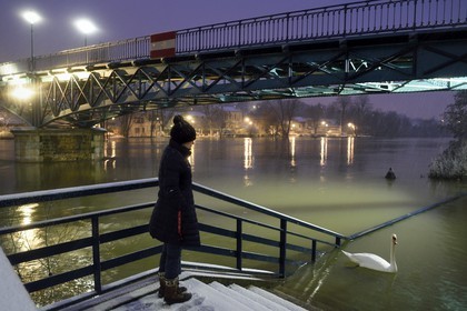 France, Val-de-Marne (94), Bry-sur-Marne, la passerelle réalisée par Gustave Eiffel entre Bry-sur-Marne et Le Perreux-sur-Marne en arrière plan, les bords de Marne inondés