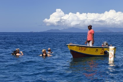 Caraïbes, Ile de la Dominique, plongeurs à Toucari Bay au nord de Portsmouth,  les Saintes en Guadeloupe en arrière plan