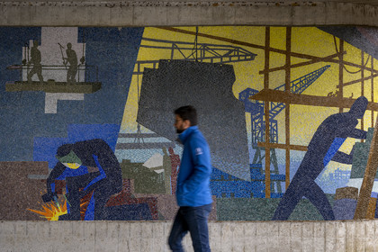 France, Loire-Atlantique, Saint-Nazaire, the Sainte-Anne church dating from the reconstruction of the city, one of the two mosaics representing the work of the workers in the Saint-Nazaire shipyards designed by the poster artist Paul Colin and produced by the Jean Barillet workshops