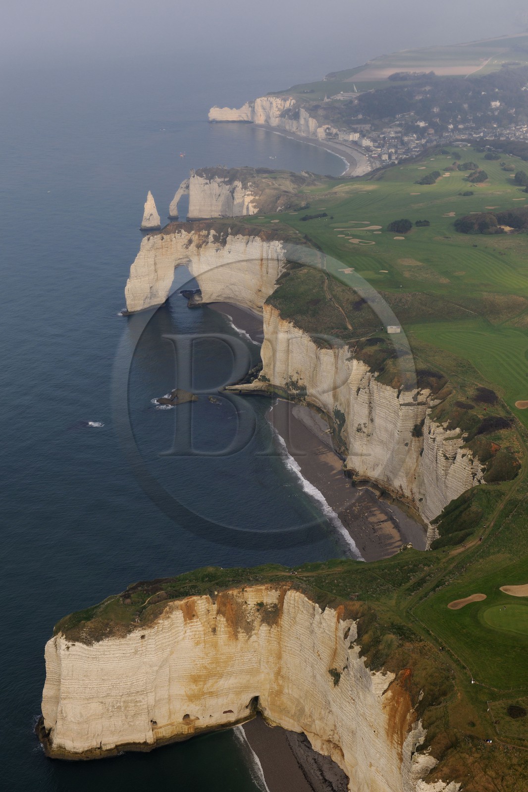 France, Seine Maritime, Pays de Caux, Cote d'Albatre, Etretat, Aval Cliffs and golf course (aerial view)