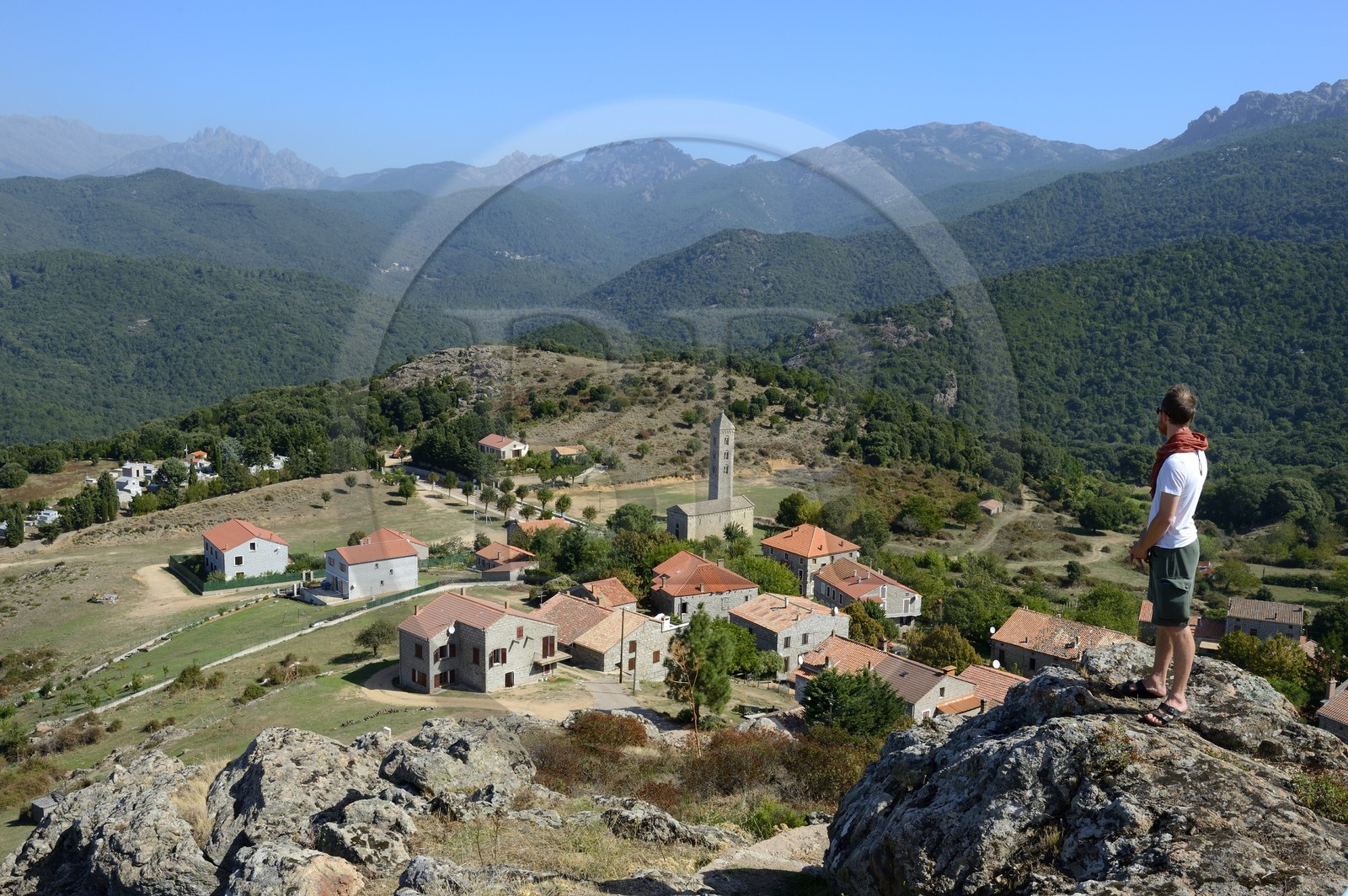 France, Corse du Sud, Alta Rocca, Carbini, Saint Jean Baptiste church and its campanile (Bell tower), the village was at the heart of the Giovannali heretic movement