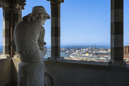Italy, Liguria, Genoa, Castello d'Albertis Museo delle Culture del Mondo, castle of Enrico Alberto D'Albertis, Genoese explorer, navigator and travel writer (1846-1932), loggia with the statue of the young Christopher Columbus looking out over the harbor