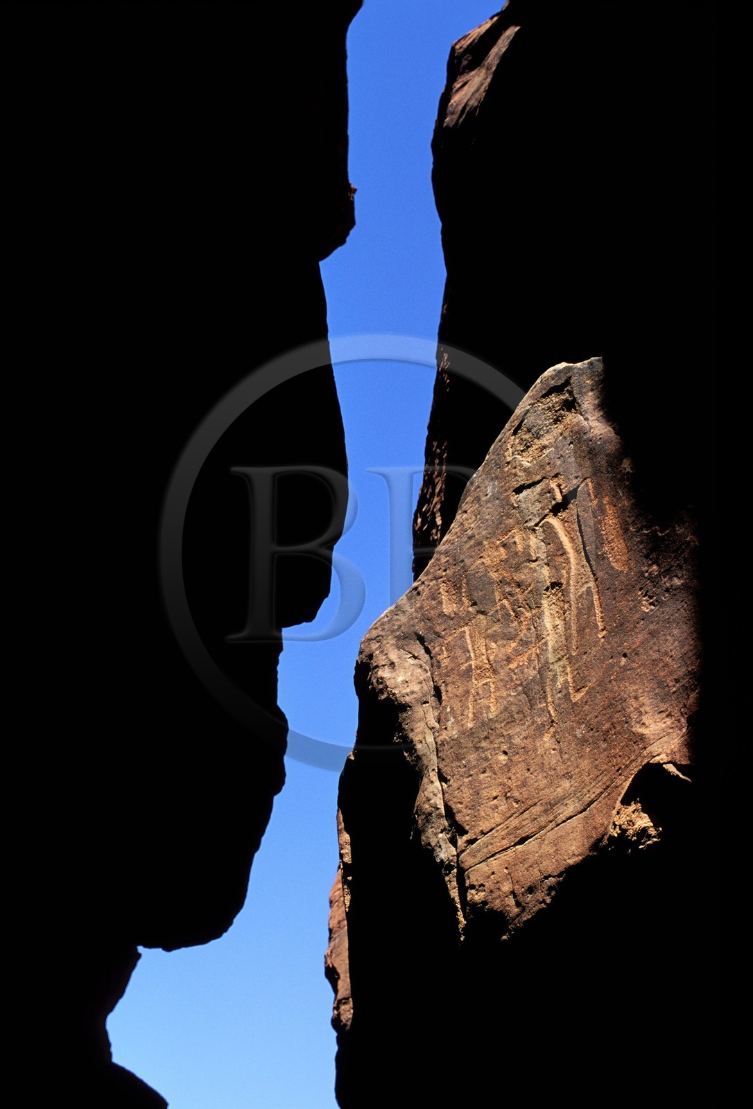 Jordan, Wadi Rum, drawings engraved in the Sîq of Jebel Khazali