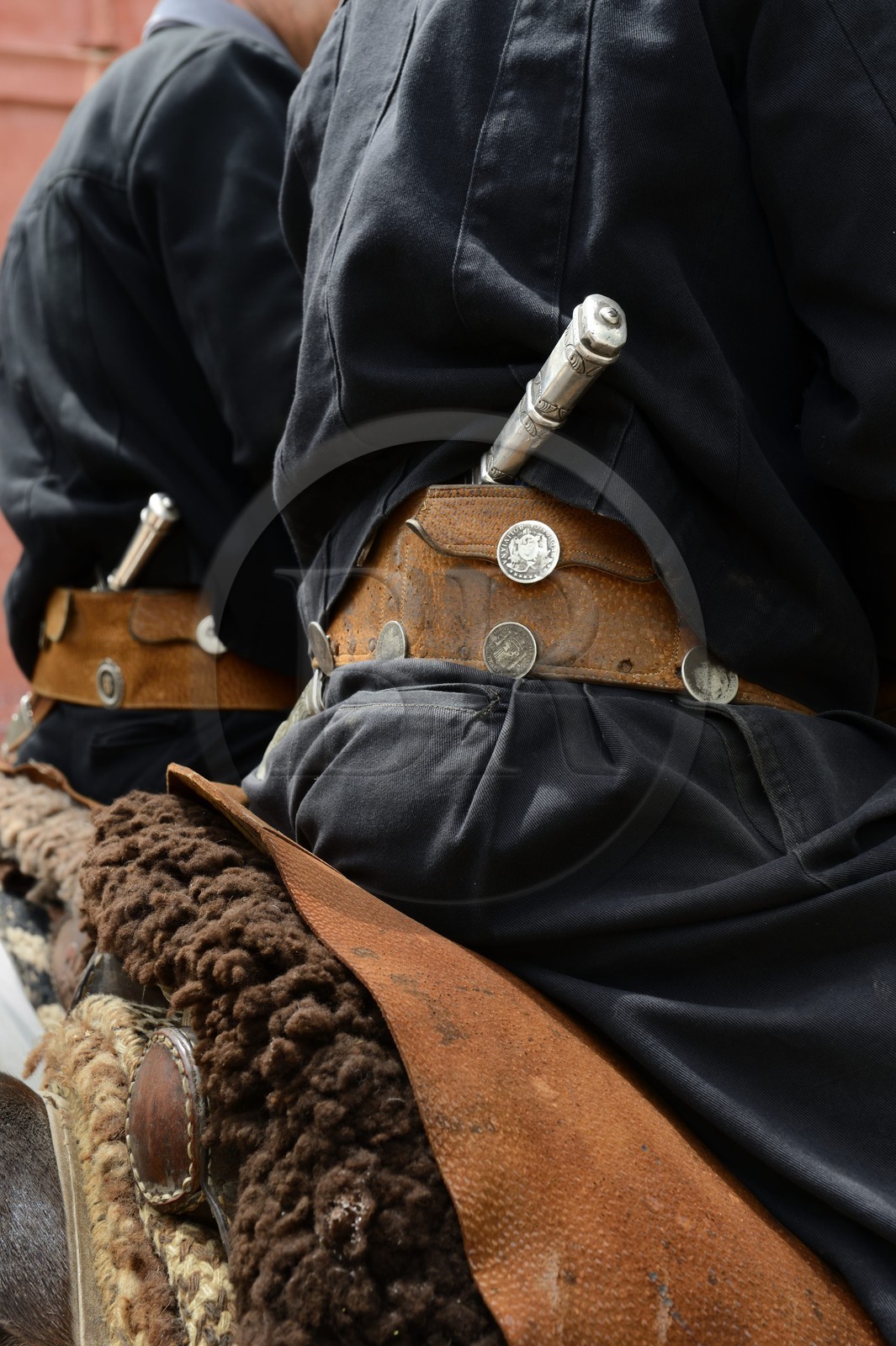 Argentina, Buenos Aires Province, San Antonio de Areco, Tradition Day festival (Dia de Tradicion) close up at a gaucho's traditional belt and the facon (wide and long knife)
