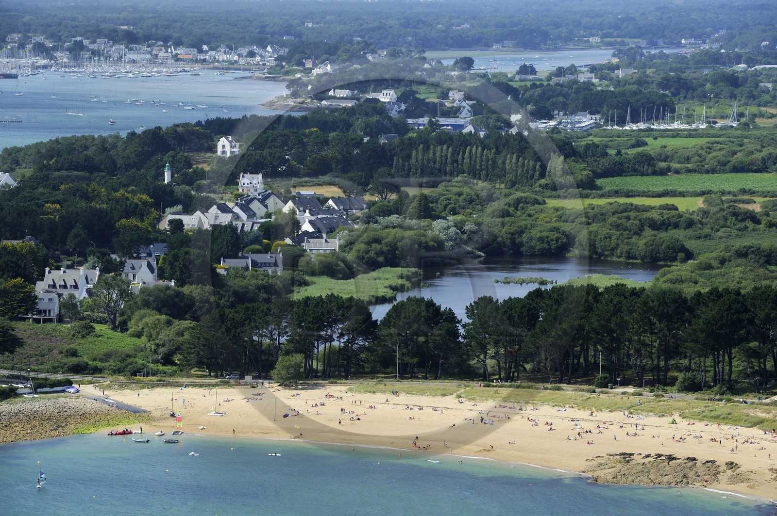 France, Morbihan, Quiberon bay, Kerarno beach at the mouth of the Crach river (aerial view)