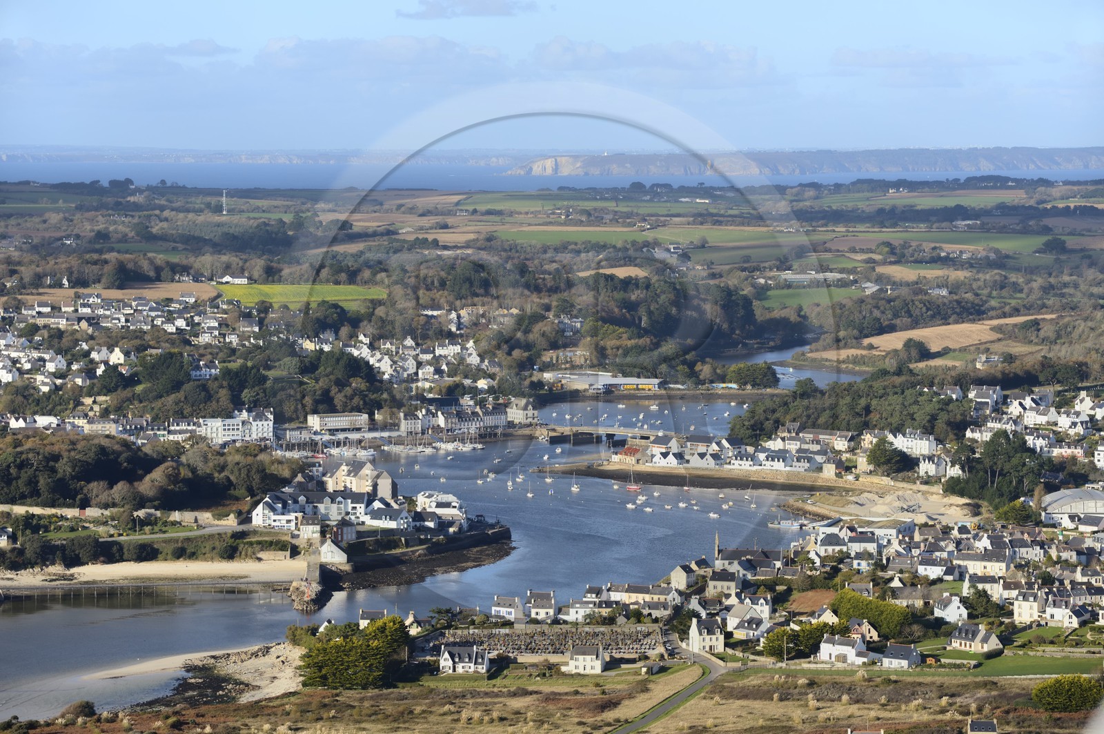 France, Finistere, Audierne on the left of the Goyen river estuary and Poulgoazec on the right (aerial view)