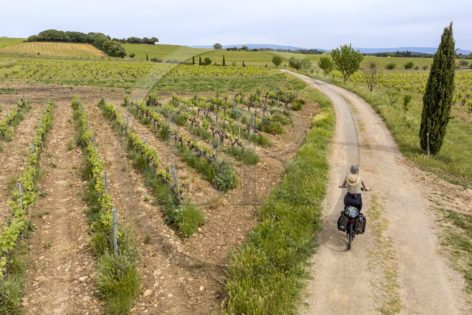 France, Vaucluse (84), Châteauneuf-du-Pape, randonnée à vélo sur le chemin Coste Froide sur le plateau de la Crau (vue aérienne)