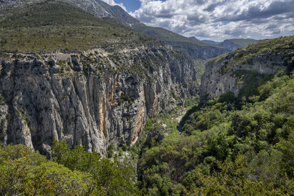 France, Var (83) rive gauche et Alpes-de-Haute-Provence (04) rive droite, Parc Naturel Régional du Verdon, les Gorges du Verdon débouchant sur le lac de Sainte Croix vue depuis la rive sud