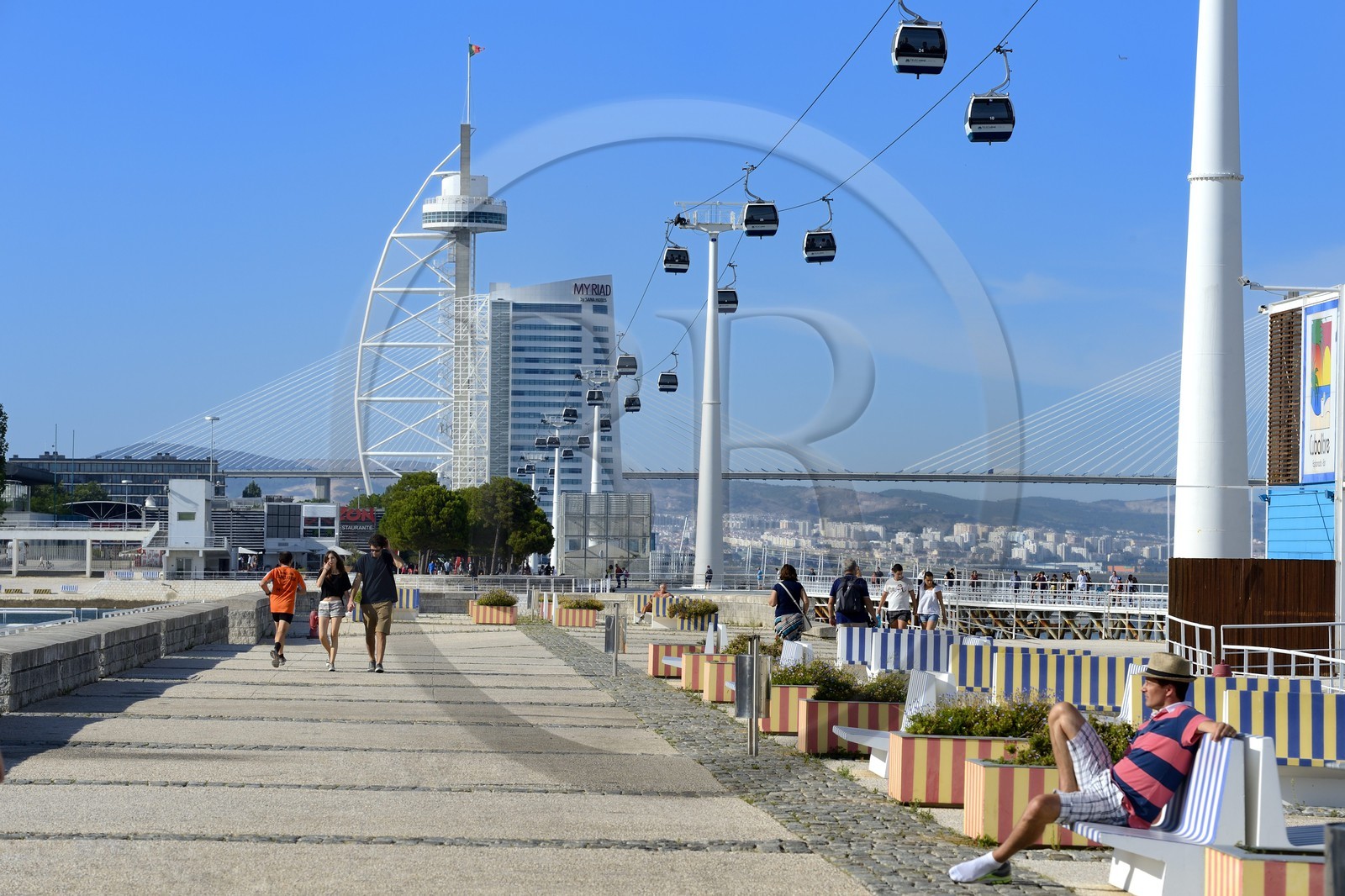 Portugal, Lisbon, Parque das Nações (Nations' Park) built for the Universal Expo 98 World Exhibition, Vasco de Gama Tower hosting the hotel Myriad by SANA Hotels and cable cars running along the Tagus