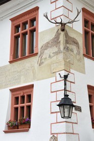 Romania, Transylvania, Sighisoara, one of the seven saxon fortified cities in Transylvania, listed as World Heritage by UNESCO, Casa cu Cerb (Dear house of the 17th century) a noble house in the Transylvanian Renaissance style