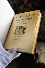 France, Aisne, Château-Thierry, Jean de La Fontaine Museum - city of Chateau-Thierry, first edition of the La Fontaine's Fables book dedicated to the Dauphin, Edition Claude Barbin and Denys Thierry, 1668, in-4, illustrated by François Chauveau